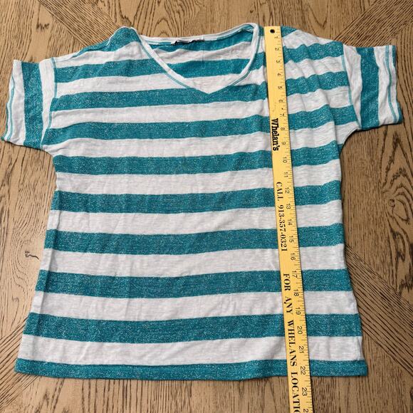 Chico’s Women’s 0 Small Sparkle Teal White Striped Tinsel Tee - Picture 6 of 7